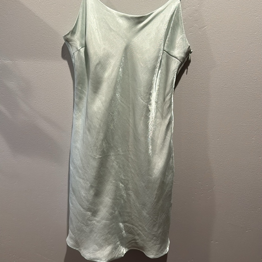 Forever 21 Seafoam Green Blue Satin Shimmer Mini Slip Dress Zip Side Flowy Hem - Picture 4 of 8